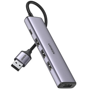 Хаб Ugreen CM473 4 x USB / 1 x USB Type-C Adapter серый - кабель 15 см